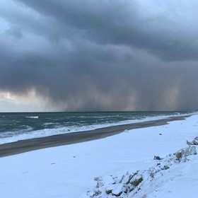 Sea effect snow and snow line created by waves in Istanbul over Black Sea