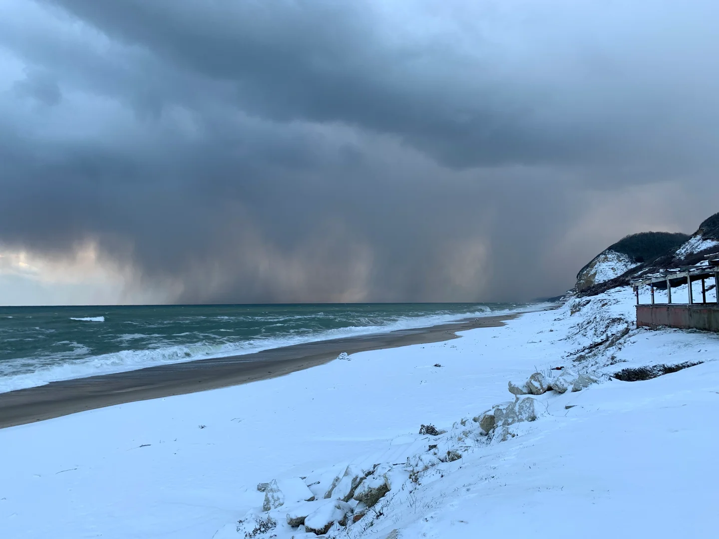 Sea effect snow and snow line created by waves in Istanbul over Black Sea