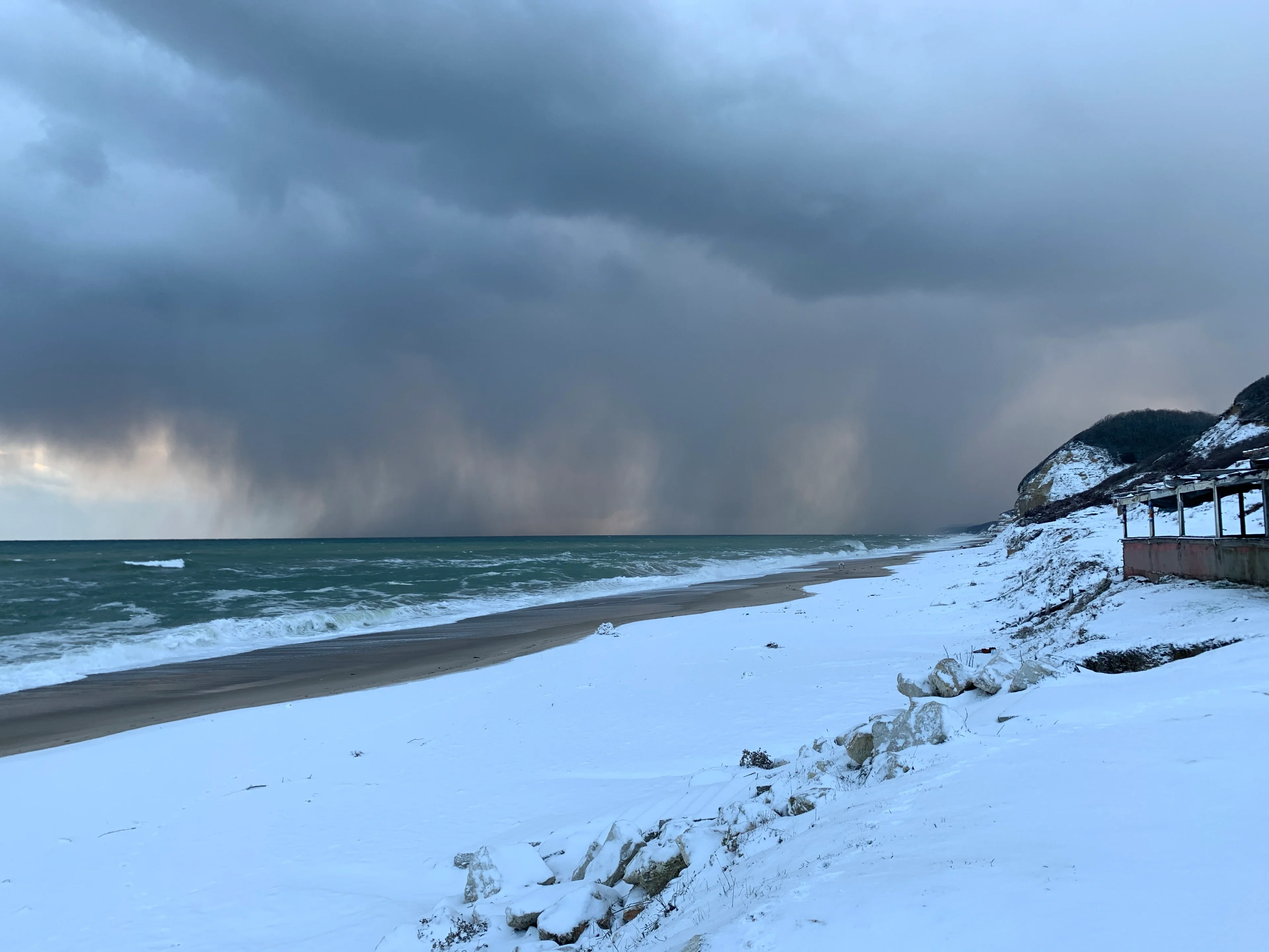 Sea effect snow and snow line created by waves in Istanbul over Black Sea