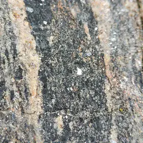Close-up of hornblendes crystals in stretched amphibolite enclave