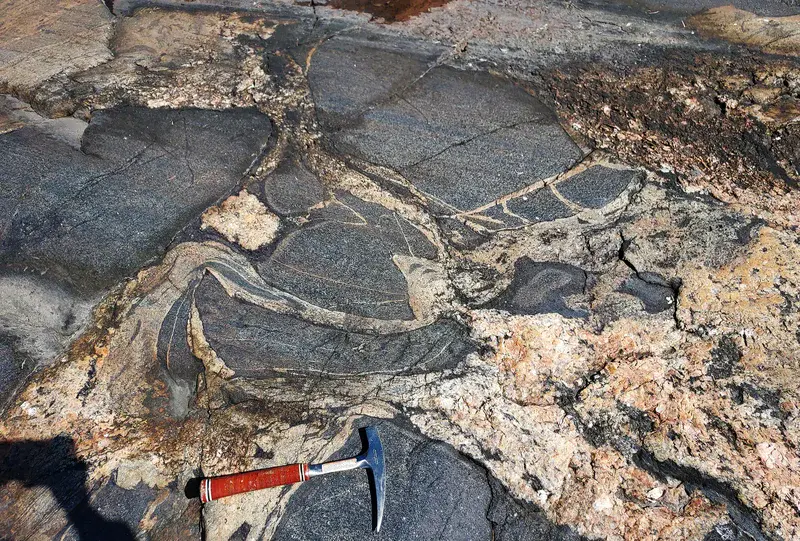 Amphibolite enclaves crossed by two generations of granitic veins