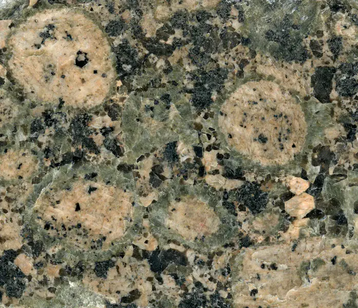 Rapakivi granite with typical round orthoclase crystals with oligoclase rims, Finland