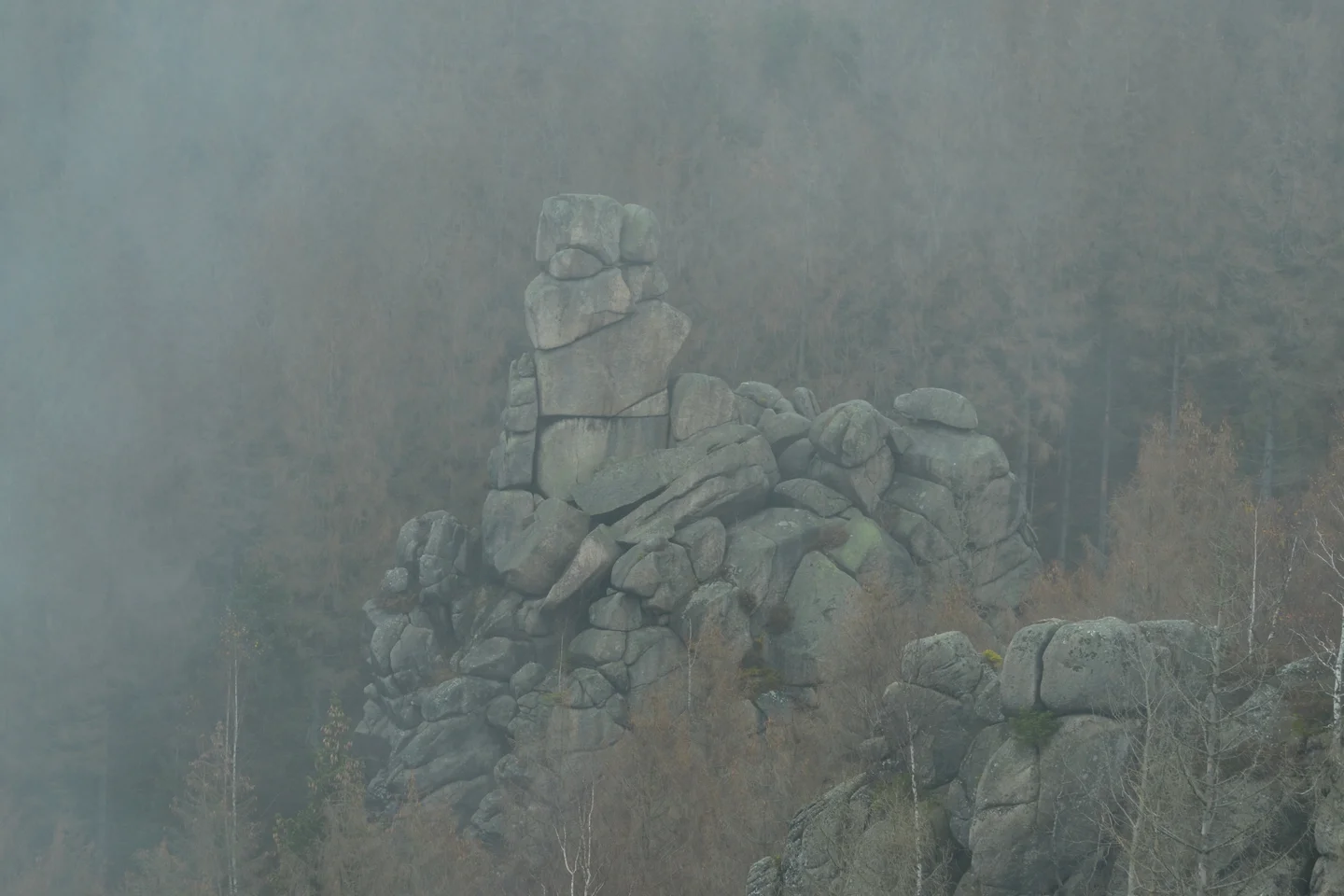Granite field castle in the fog