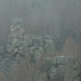 Granite field castle in the fog