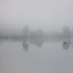 A silent lake veiled in pale mist