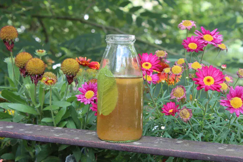 Homemade tee places next to colourful flowers