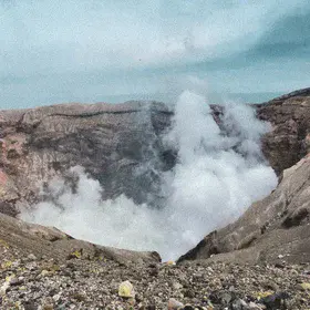 Steam rises from Nakadake Crater at Mount Aso