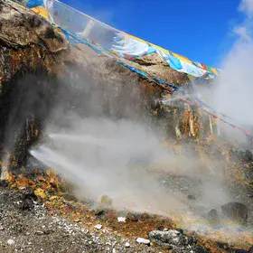Janggu Lungba hot spring on a steep cliffside, in Xizang (Tibet)