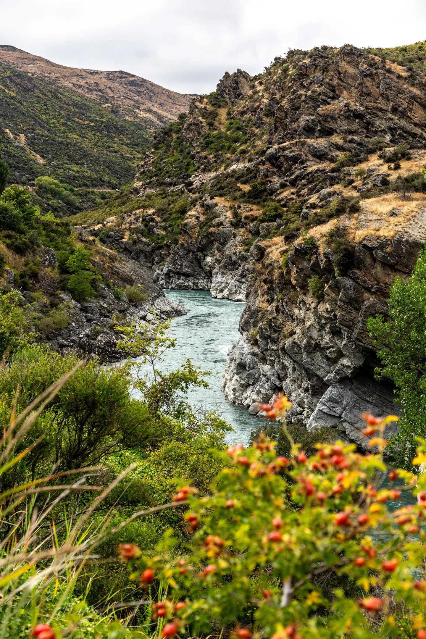 A river flows through a rocky canyon, surrounded by greenery and a backdrop of distant hills.