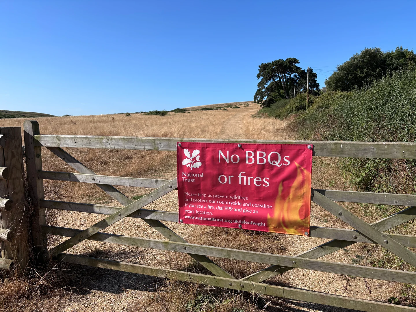 "No BBQs or fires" sign on a wooden gate in a grassy field.